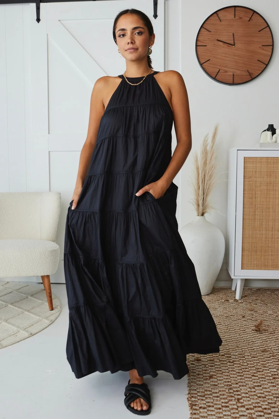 Kaye Black Cotton Sleeveless High Neck Tiered Maxi Dress