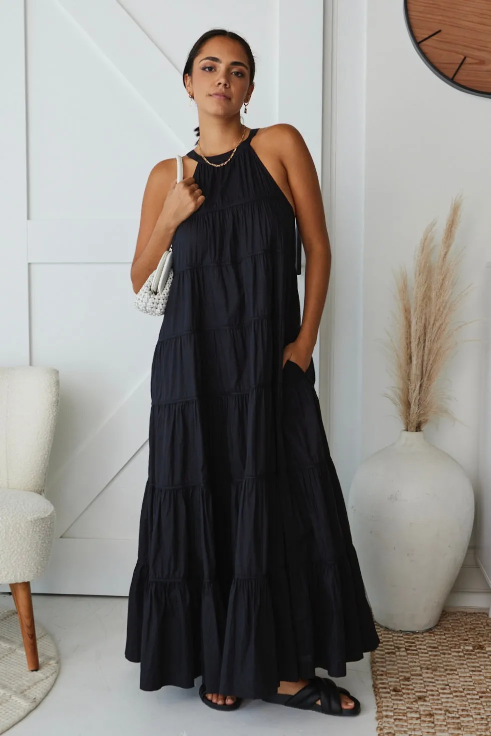 Kaye Black Cotton Sleeveless High Neck Tiered Maxi Dress