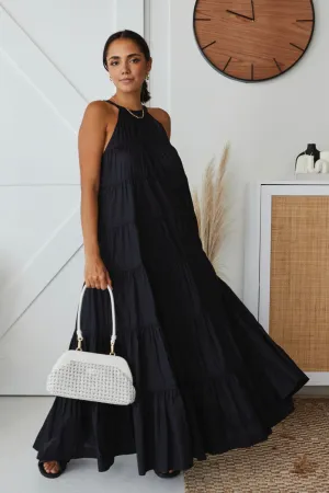 Kaye Black Cotton Sleeveless High Neck Tiered Maxi Dress