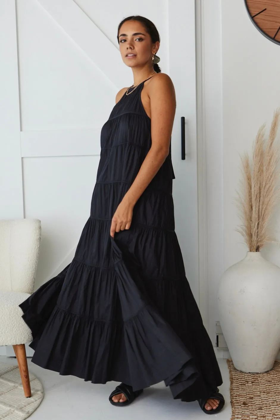 Kaye Black Cotton Sleeveless High Neck Tiered Maxi Dress