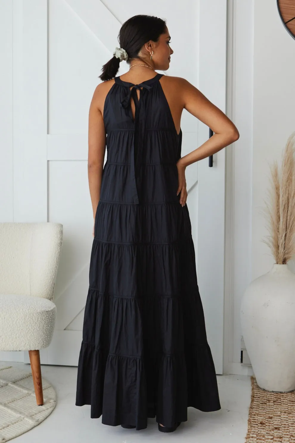 Kaye Black Cotton Sleeveless High Neck Tiered Maxi Dress