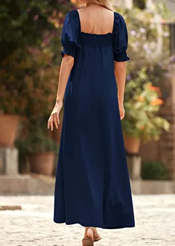 KIRUNDO 2023 Women's Summer Puff Sleeve Square Neck Loose Maxi Dress Pocketed Babydoll Maternity Dress Casual Long Dresses(Navy, Large)