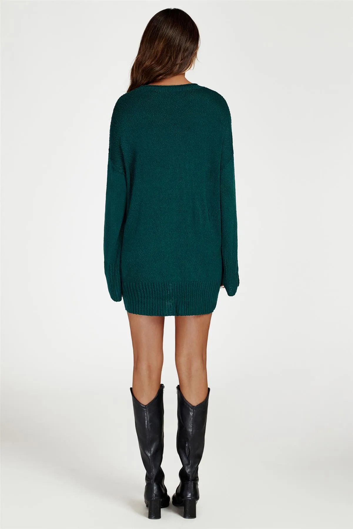 Knit Crew Neck Extended Jumper In Dark Green