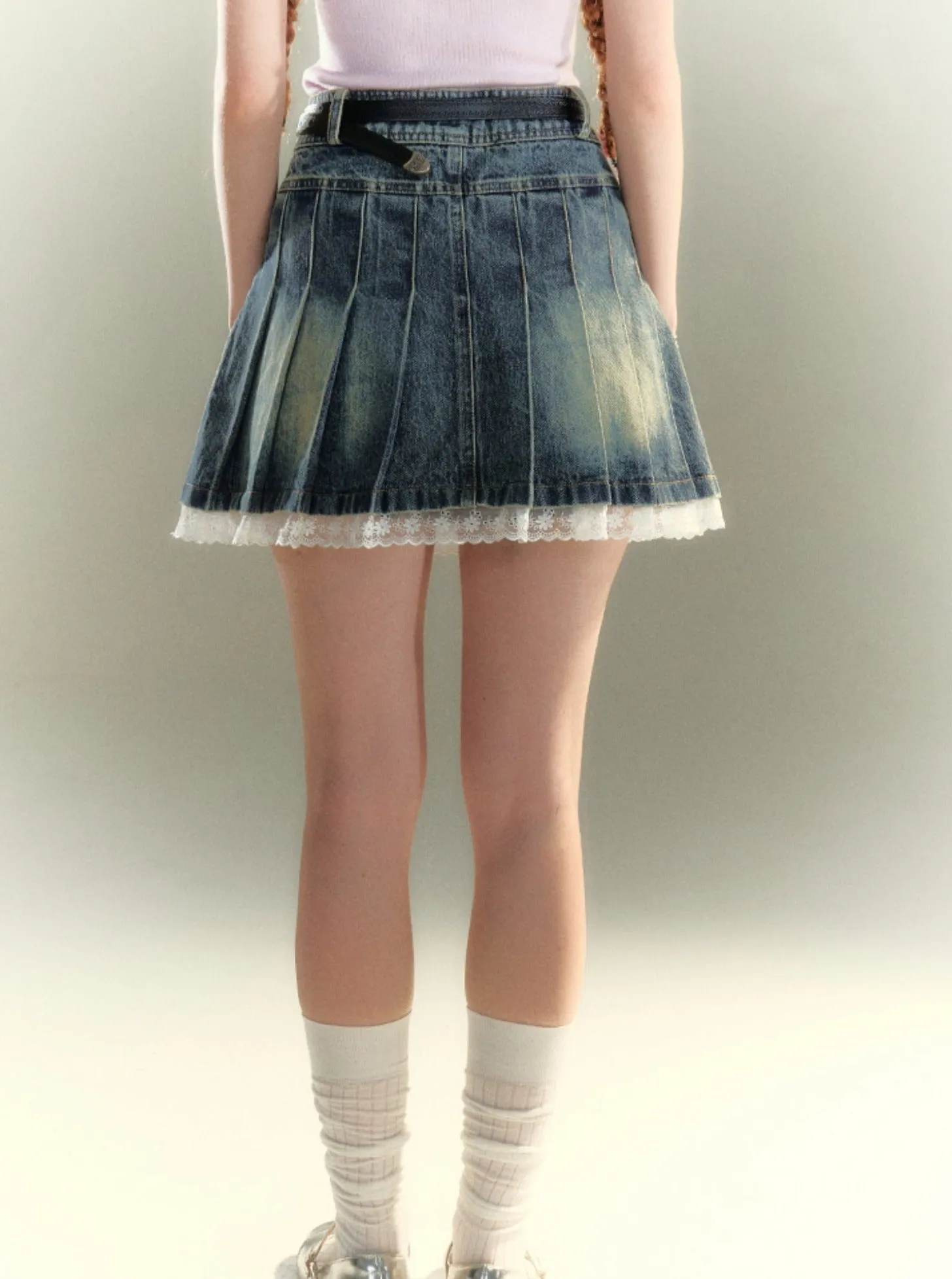 Lace Denim Pleated Skirt