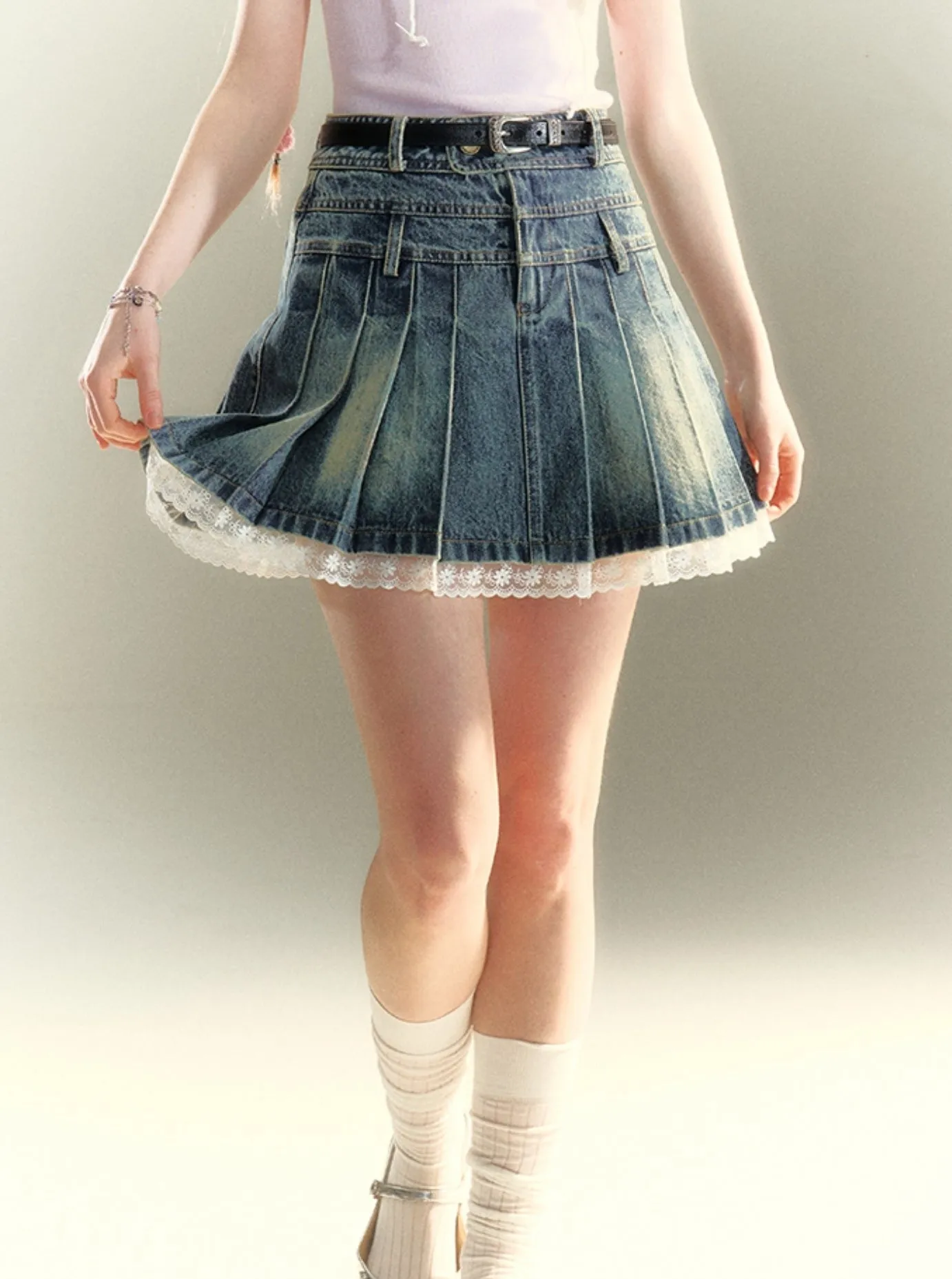 Lace Denim Pleated Skirt