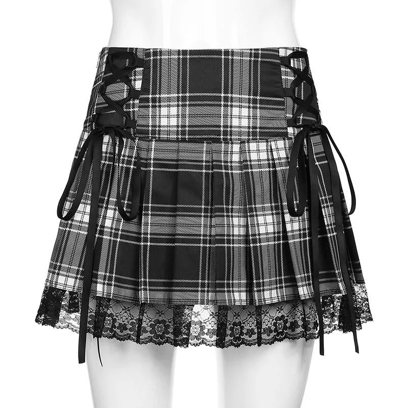 Lace Up Plaid Pleated Punk Skirt SD01934