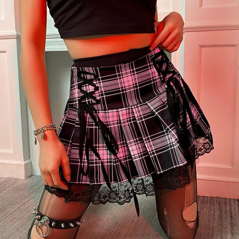 Lace Up Plaid Pleated Punk Skirt SD01934