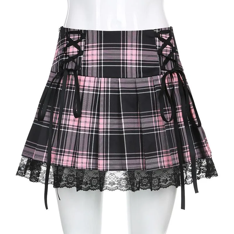 Lace Up Plaid Pleated Punk Skirt SD01934