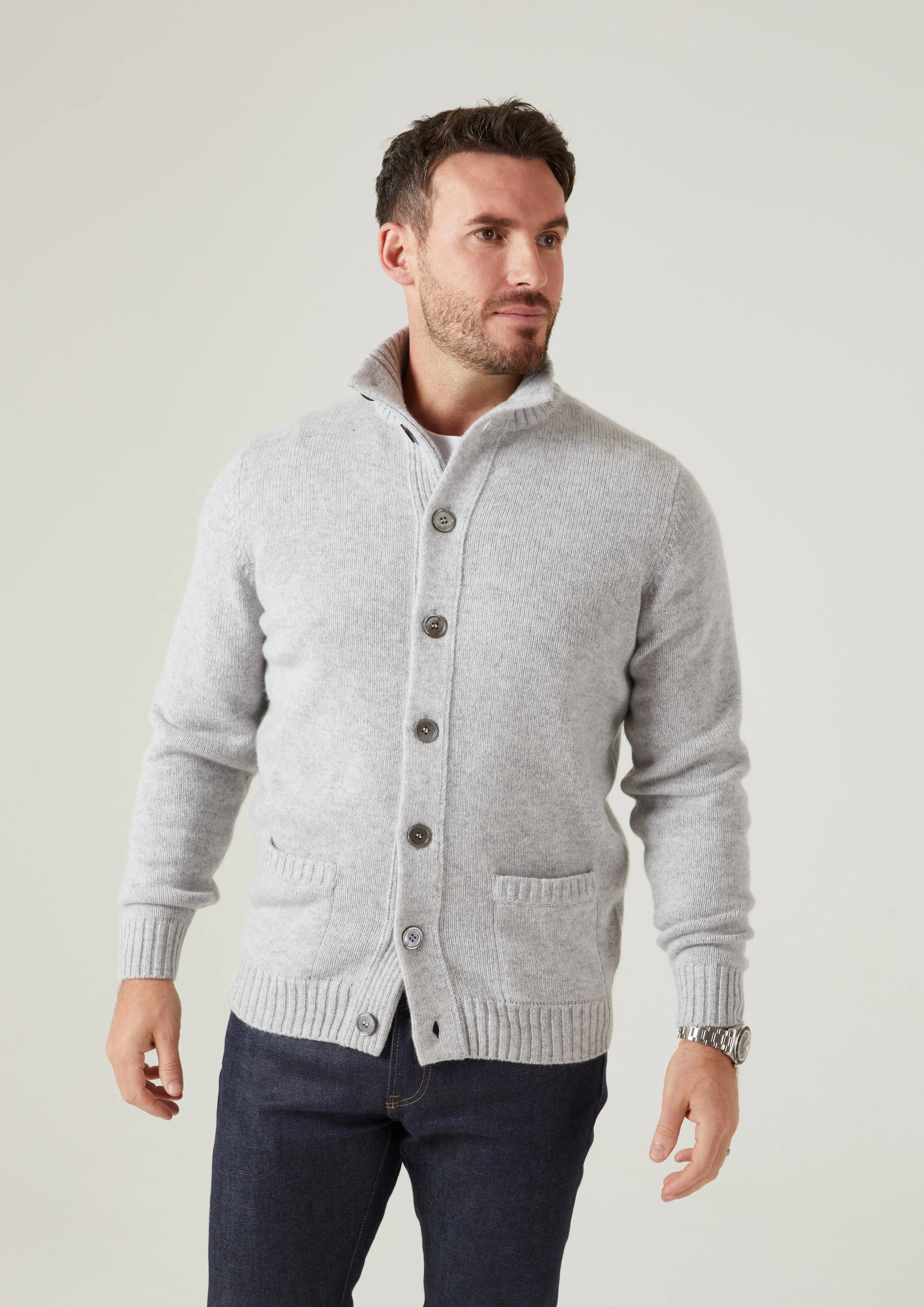 Landford Men's Lambswool Buttoned Jumper In Pearl Grey - Regular Fit