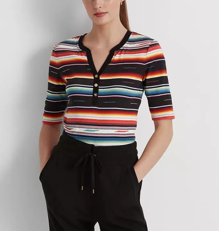 Lauren Ralph Lauren Striped Stretch Cotton Henley T-Shirt