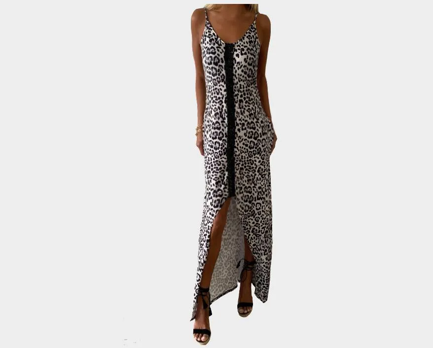 Leopard Black Sequins Front Slit Dress - The St. Barth