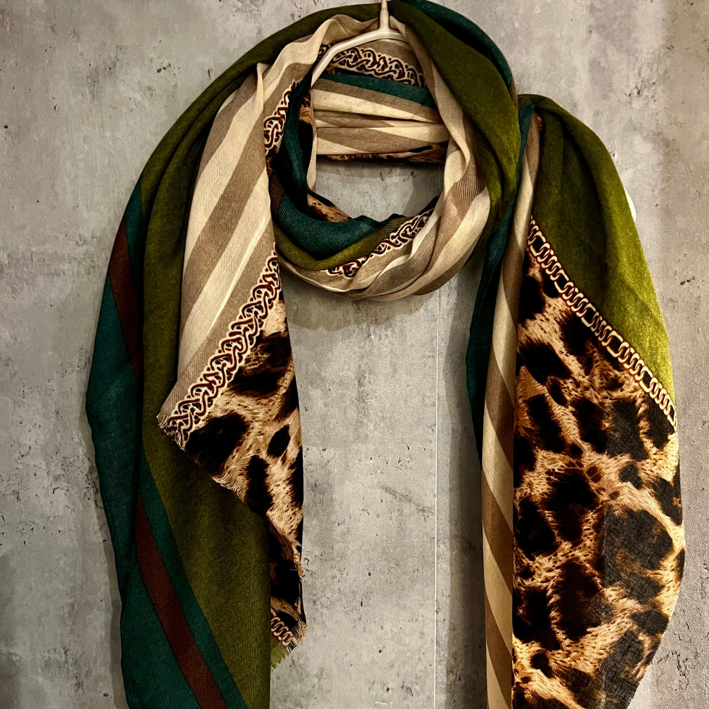 Leopard X Lines Pattern Brown Green Cotton Scarf/Summer Autumn Women Scarf/Gifts For Her Birthday Christmas/UK Seller