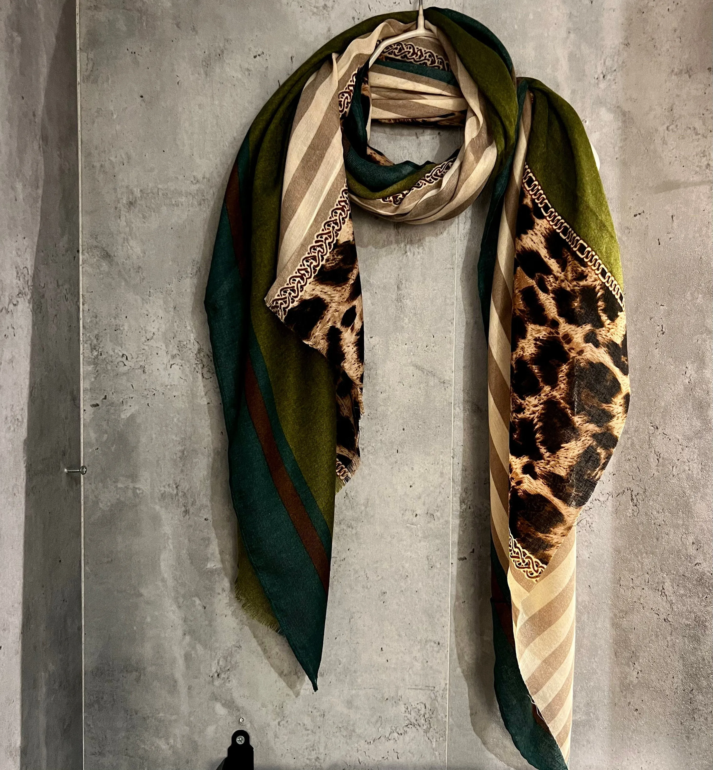 Leopard X Lines Pattern Brown Green Cotton Scarf/Summer Autumn Women Scarf/Gifts For Her Birthday Christmas/UK Seller