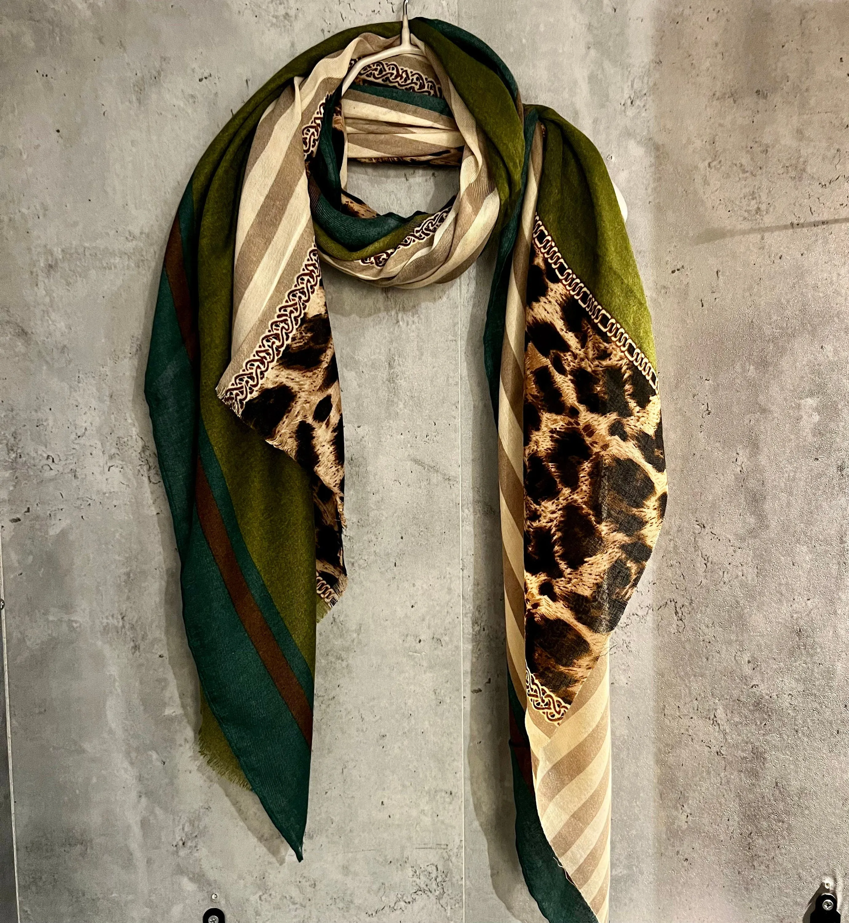 Leopard X Lines Pattern Brown Green Cotton Scarf/Summer Autumn Women Scarf/Gifts For Her Birthday Christmas/UK Seller