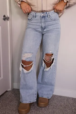 Light Wash High Rise Destroyed Wide Leg Jeans