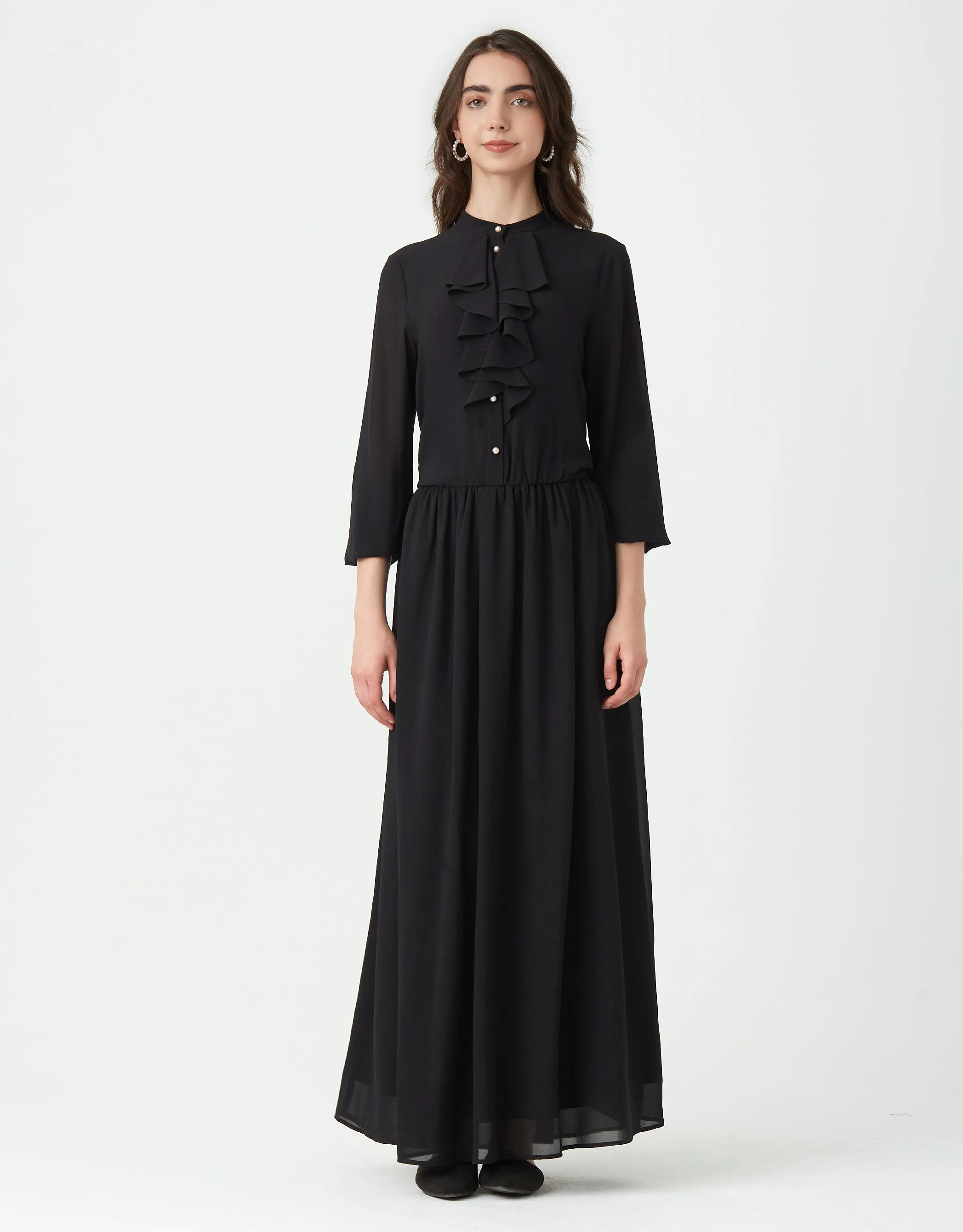 Lined Organza Maxi Dress Shabbos Robes with Pearl Buttons and Ruffle Black