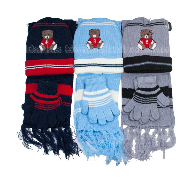 Little Boys 3 Pieces Bear Beanie Hat & Gloves & Scarf Set Wholesale