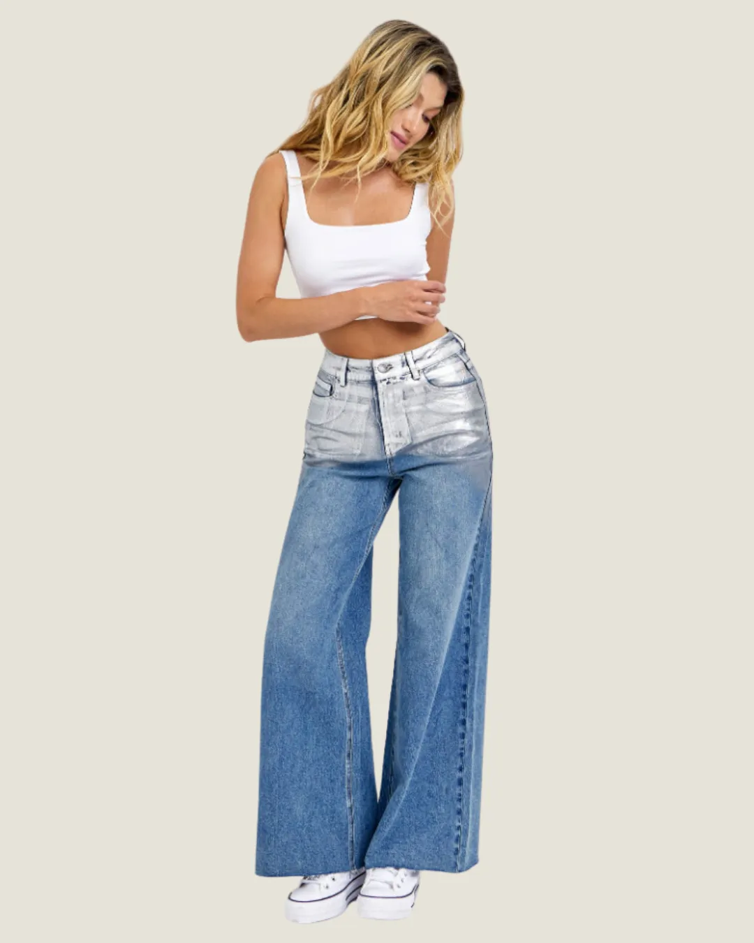 Loran's Christmas: High Rise Silver Foiled Wide Leg Jeans