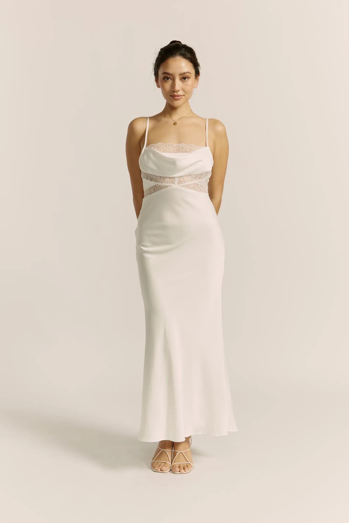 Lyna White Satin Cowl Neck Maxi Dress