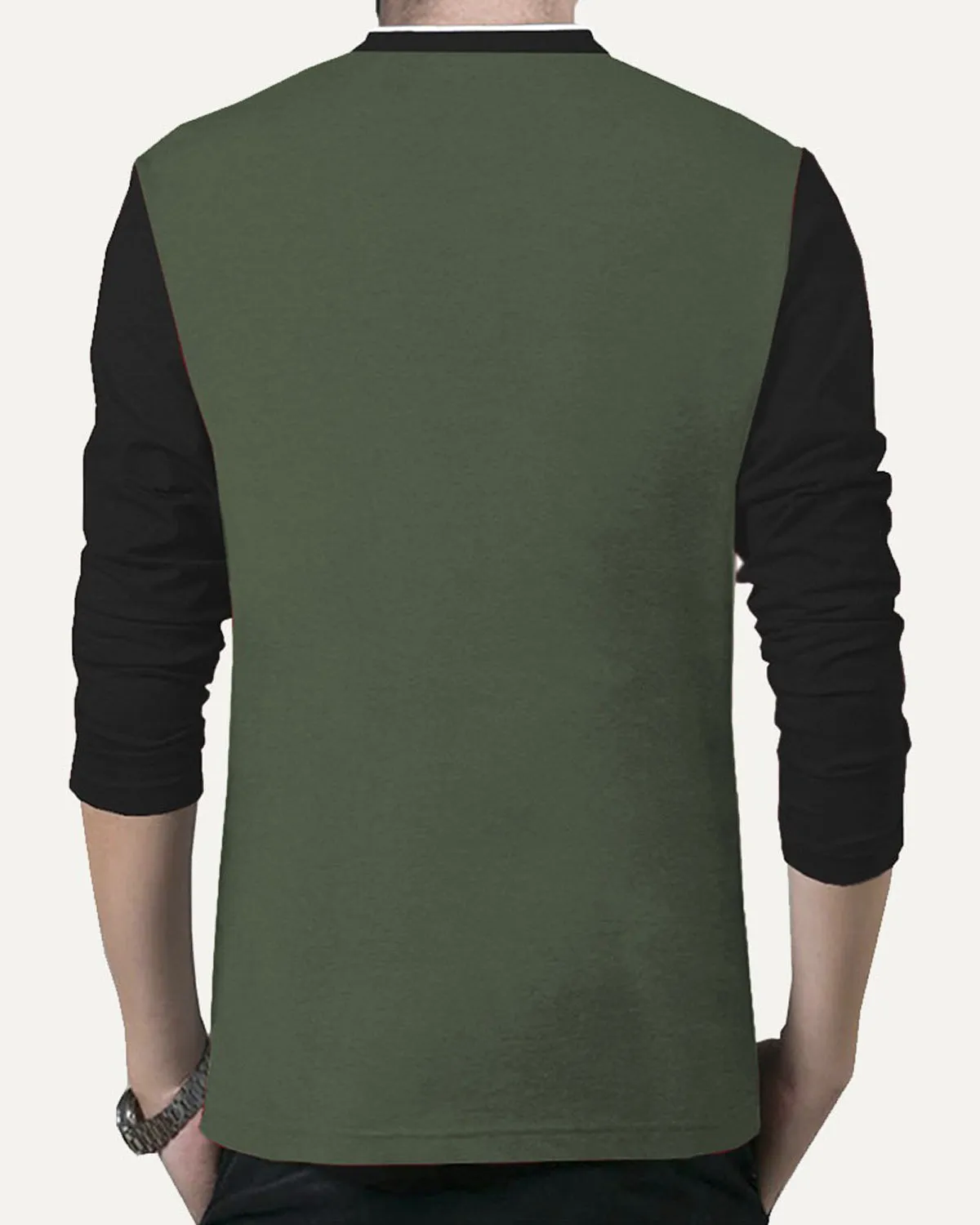 MEN HENLEY Full Sleeve OliveGreen Black Tshirt