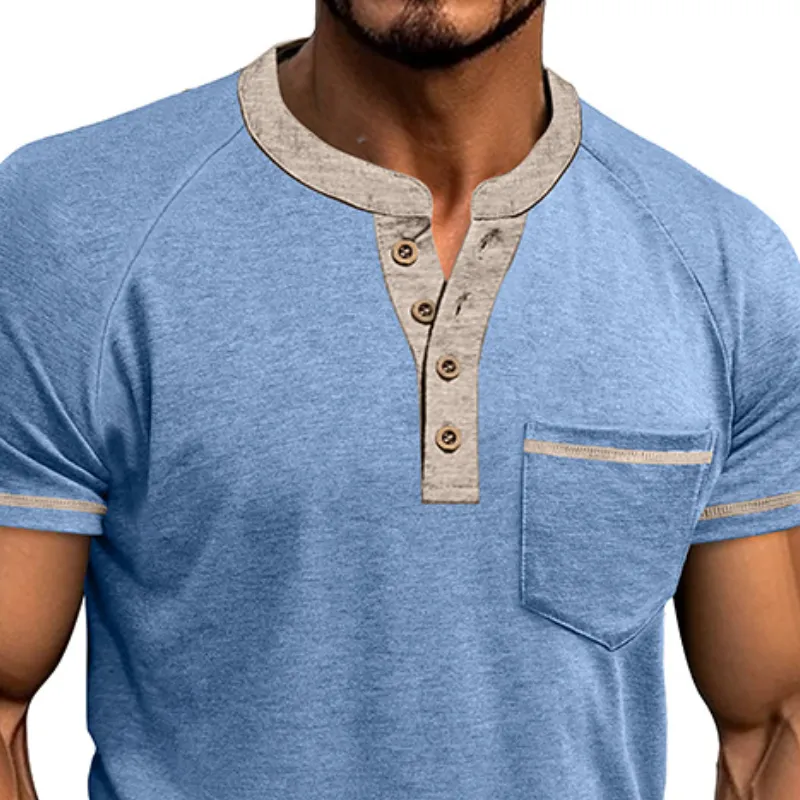 Men's Classic Casual Henley Collar Pocket Short Sleeve T-Shirt 76963530K