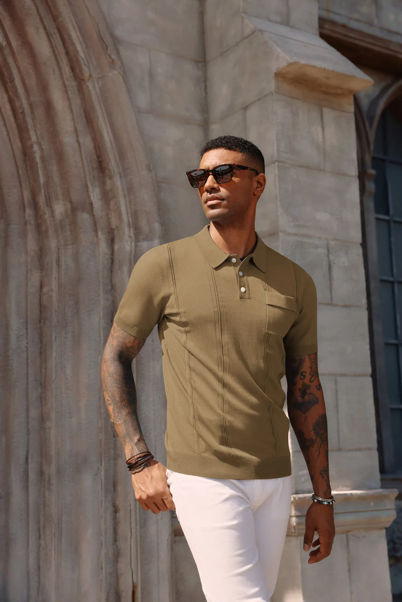 Men's Knit Polo Shirt Short Sleeve Casual Solid Golf Shirts with Pocket