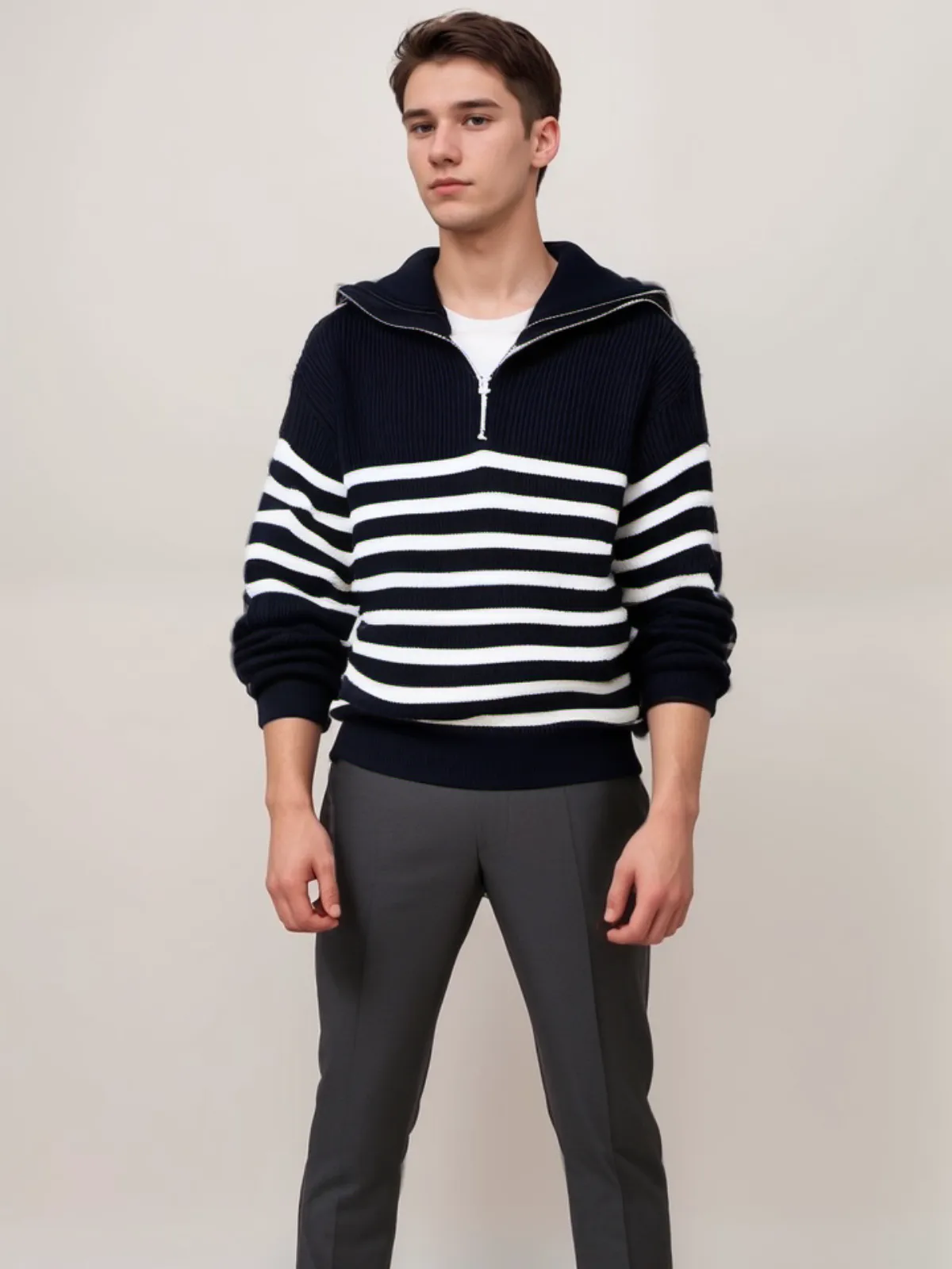 Men's Modern Striped Knitted Jumper with Quarter Zip | Ideal for Autumn/Winter