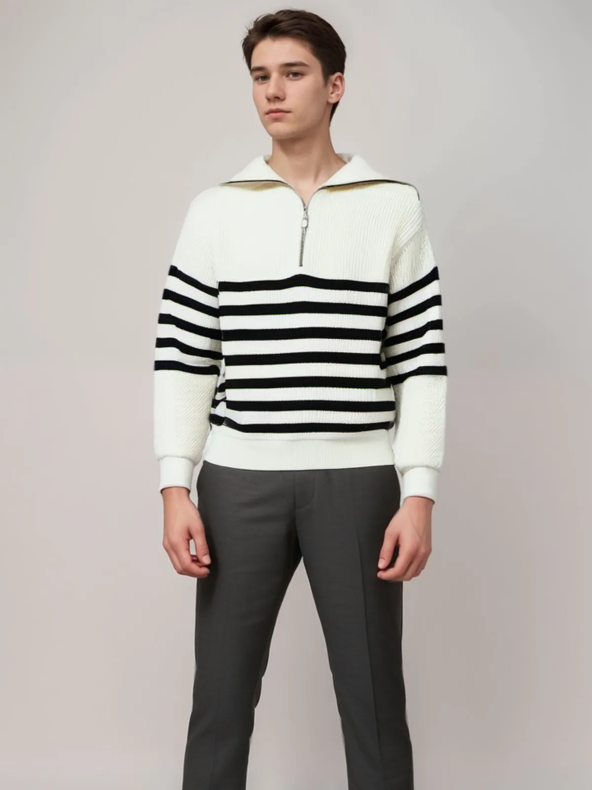 Men's Modern Striped Knitted Jumper with Quarter Zip | Ideal for Autumn/Winter