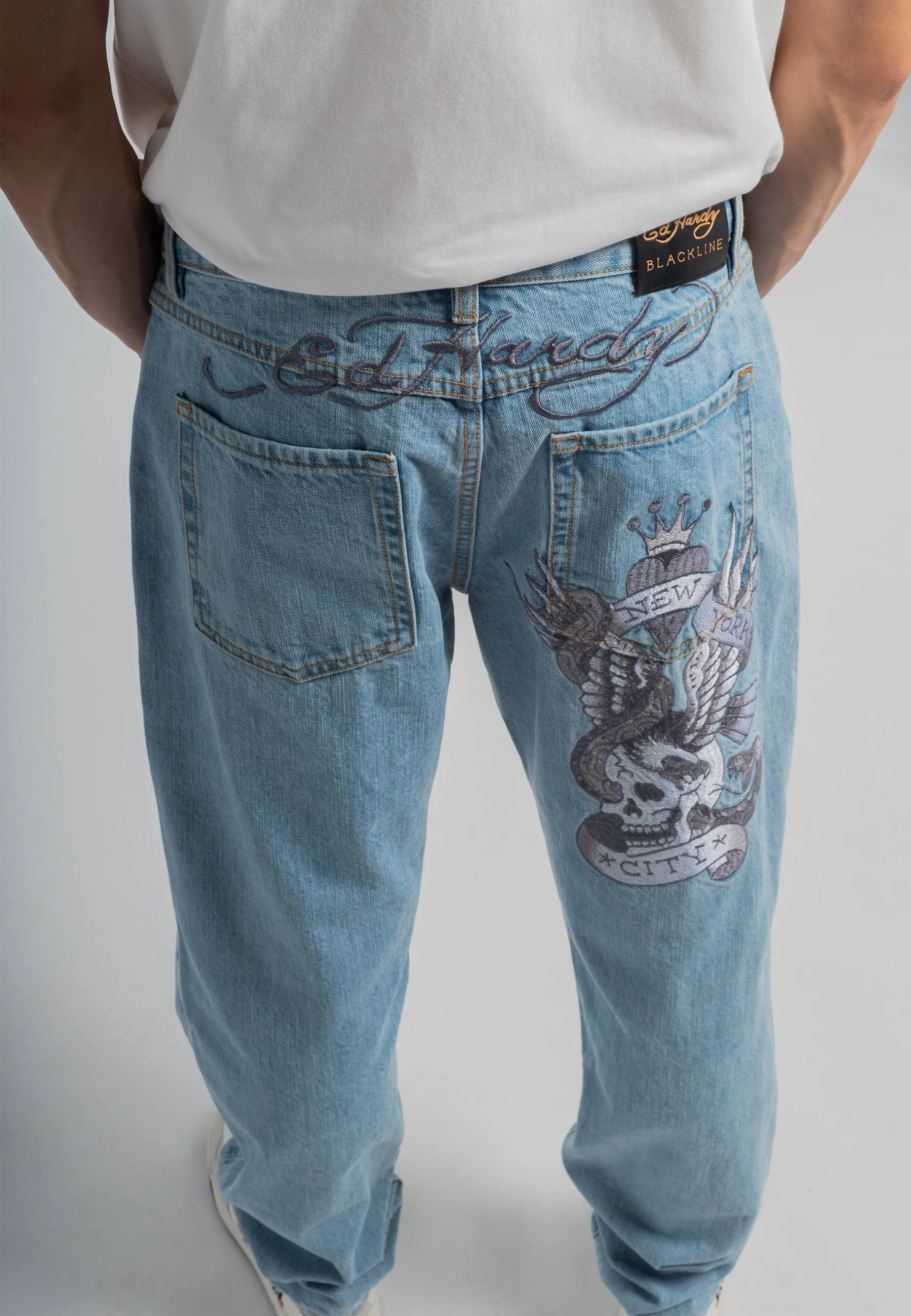 Mens Nyc-Skull-Tatt Embroidered Denim Trousers Jeans - Bleach