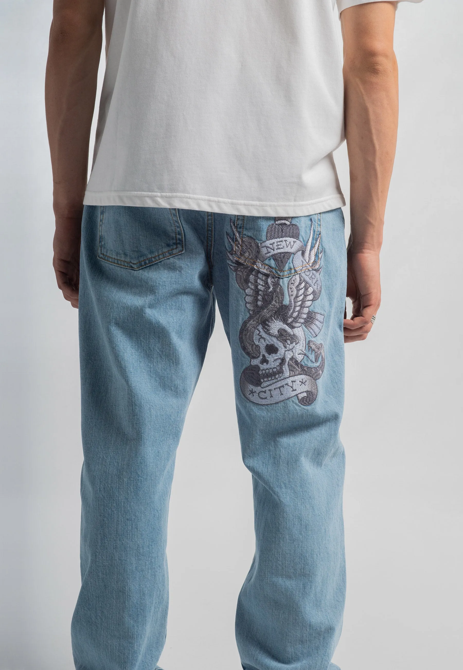 Mens Nyc-Skull-Tatt Embroidered Denim Trousers Jeans - Bleach