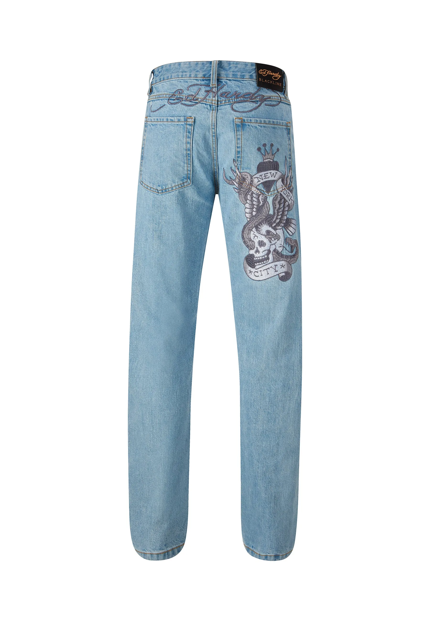 Mens Nyc-Skull-Tatt Embroidered Denim Trousers Jeans - Bleach