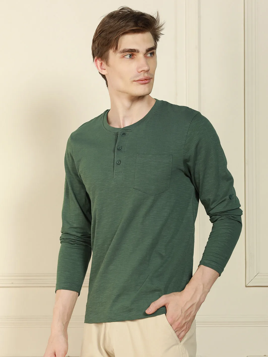 Men's Olive Henley Neck Solid Cotton T-Shirt