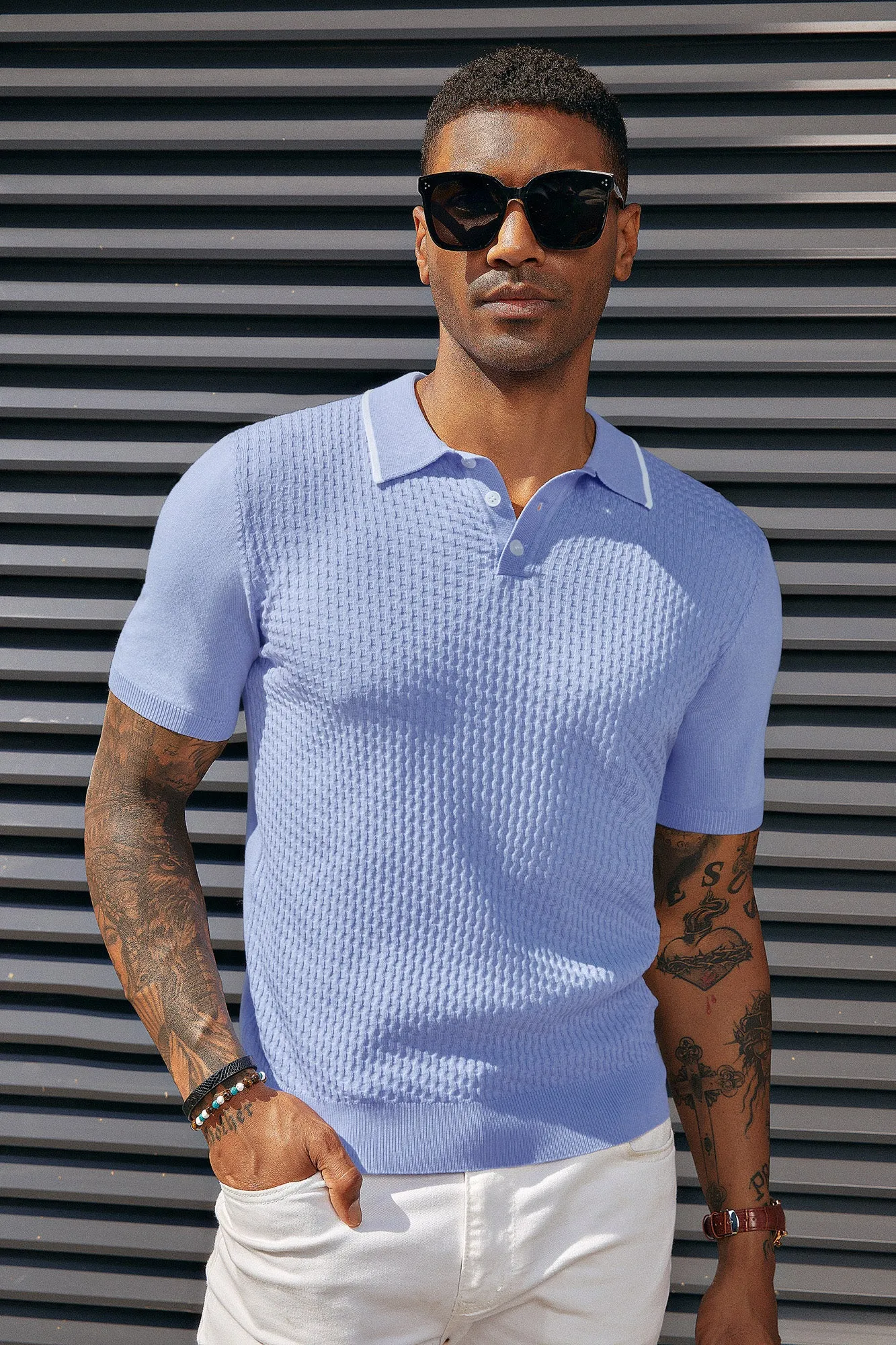 Men's Short Sleeve Knit Polo Shirts Waffle Texture Knit Shirt