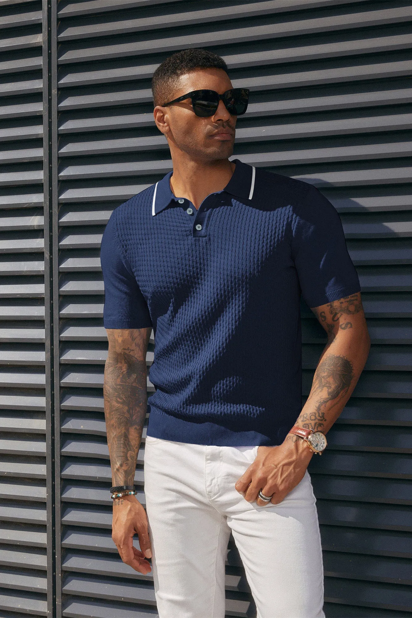 Men's Short Sleeve Knit Polo Shirts Waffle Texture Knit Shirt