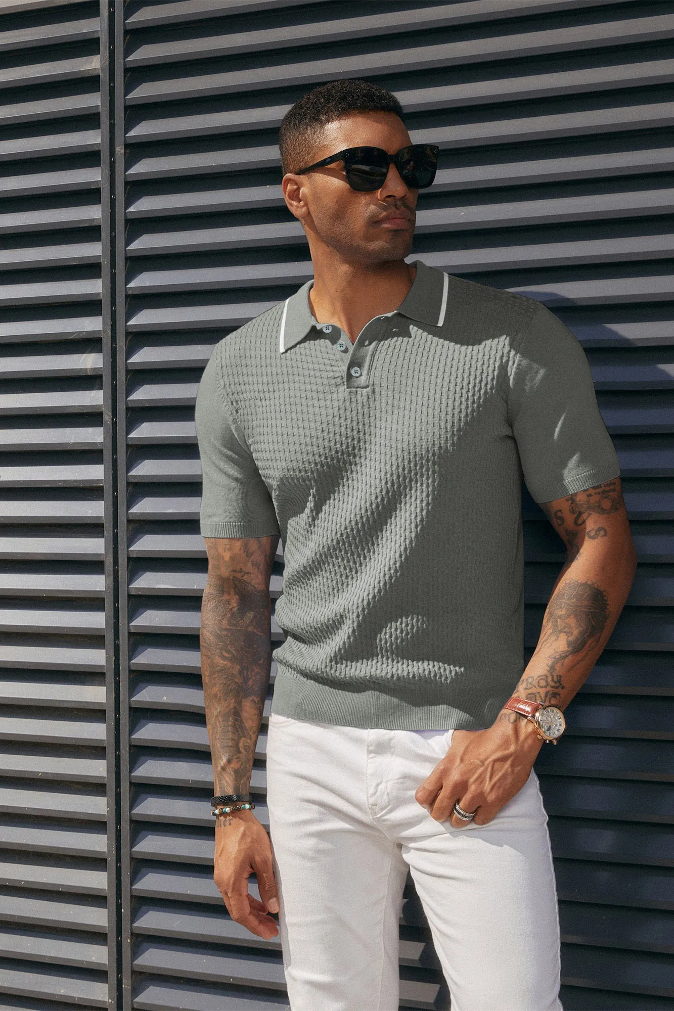 Men's Short Sleeve Knit Polo Shirts Waffle Texture Knit Shirt