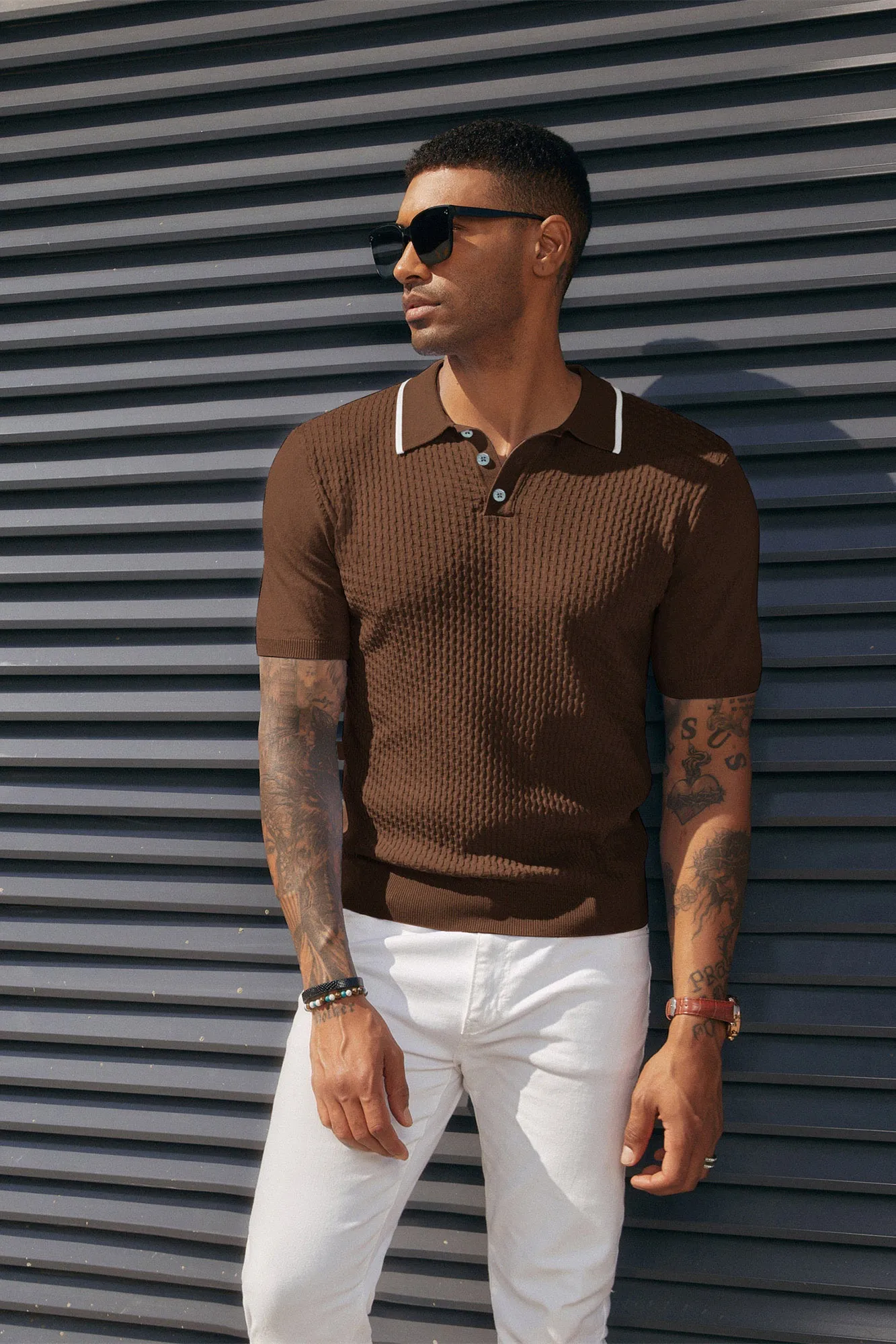 Men's Short Sleeve Knit Polo Shirts Waffle Texture Knit Shirt