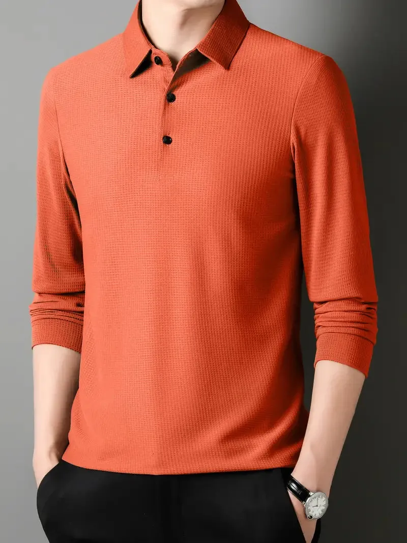 Men's Solid Color Lapel Polo Jumper with Buttons | Ideal for Autumn/Winter