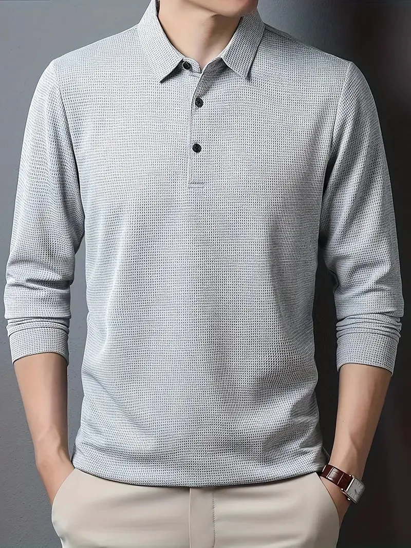 Men's Solid Color Lapel Polo Jumper with Buttons | Ideal for Autumn/Winter