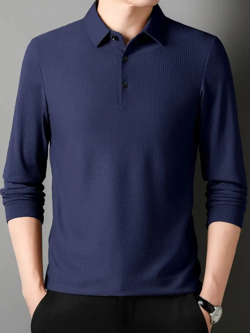 Men's Solid Color Lapel Polo Jumper with Buttons | Ideal for Autumn/Winter