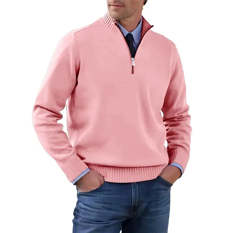 Men's Sweater with quarter zip, ribbed collar knitted jumper