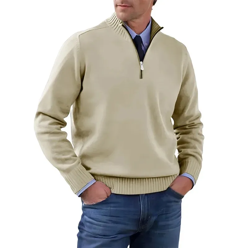 Men's Sweater with quarter zip, ribbed collar knitted jumper