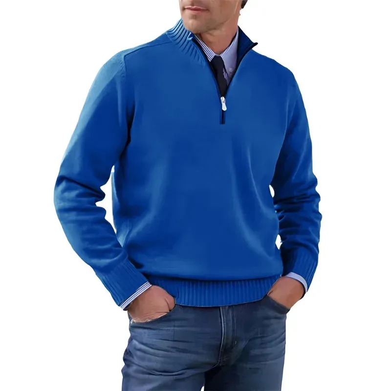 Men's Sweater with quarter zip, ribbed collar knitted jumper