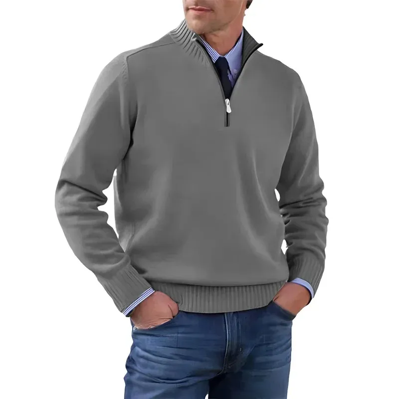 Men's Sweater with quarter zip, ribbed collar knitted jumper