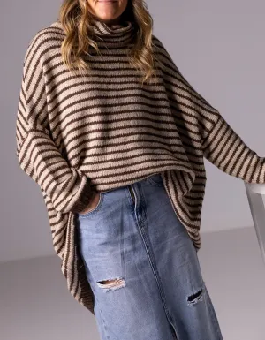 Monika Oversize Knit Jumper in Chocolate/Beige Stripe