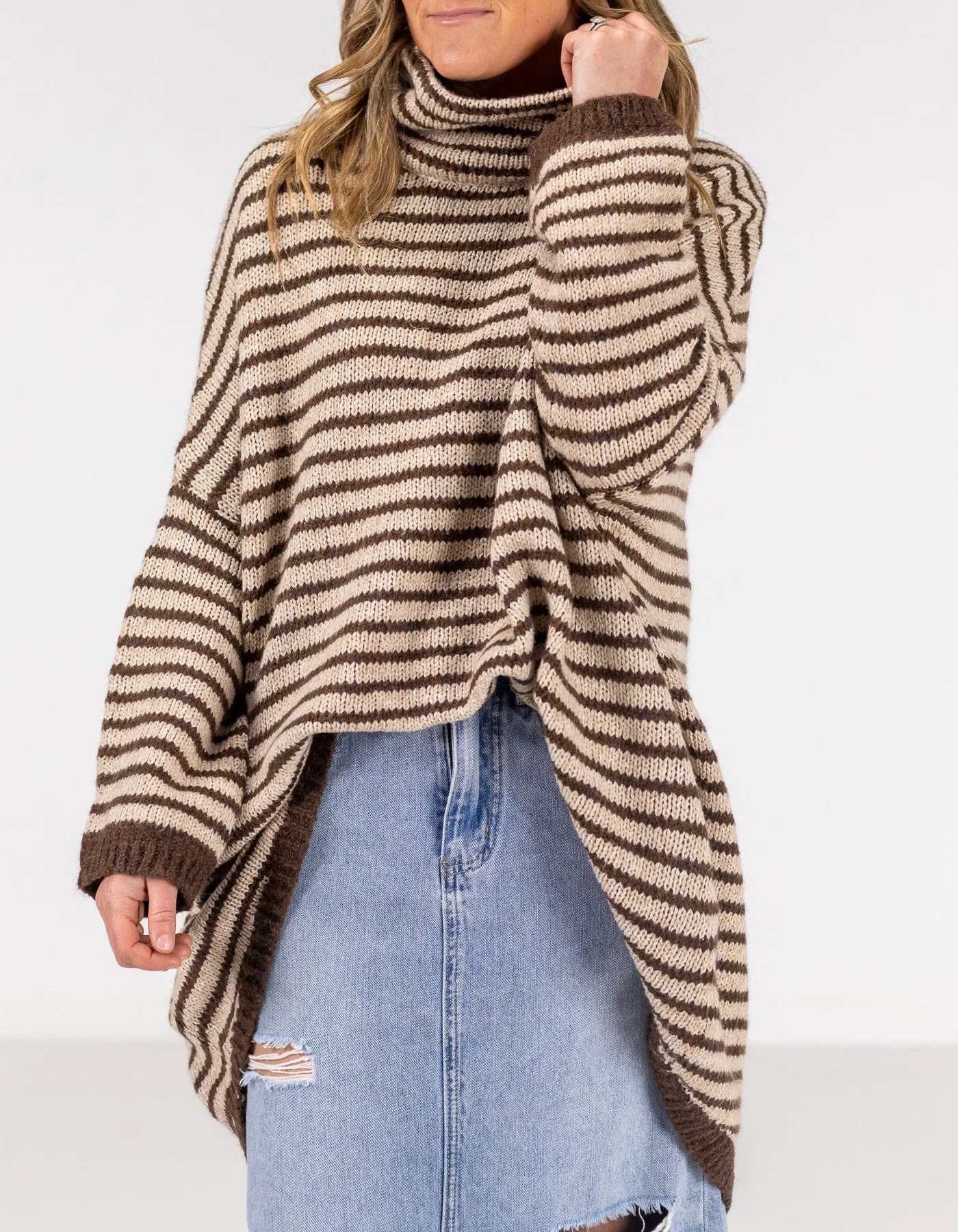 Monika Oversize Knit Jumper in Chocolate/Beige Stripe