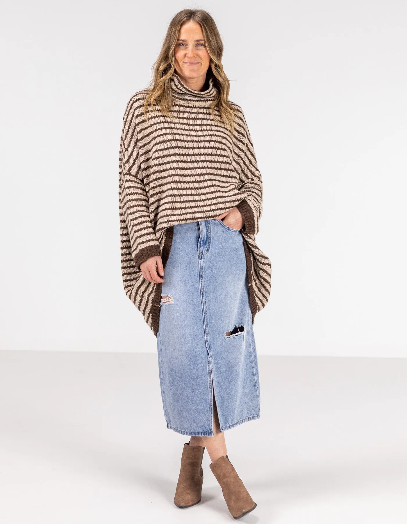 Monika Oversize Knit Jumper in Chocolate/Beige Stripe