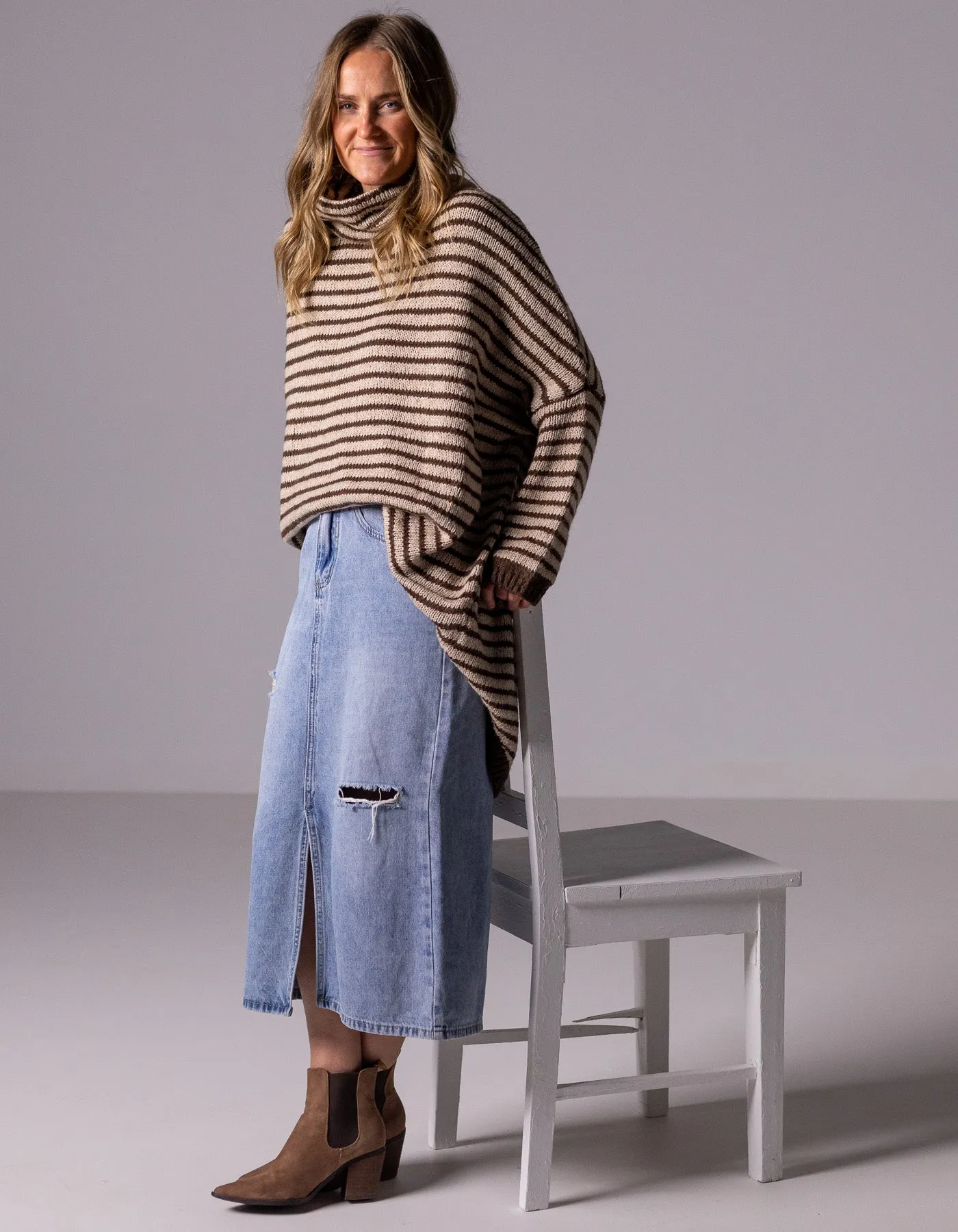 Monika Oversize Knit Jumper in Chocolate/Beige Stripe