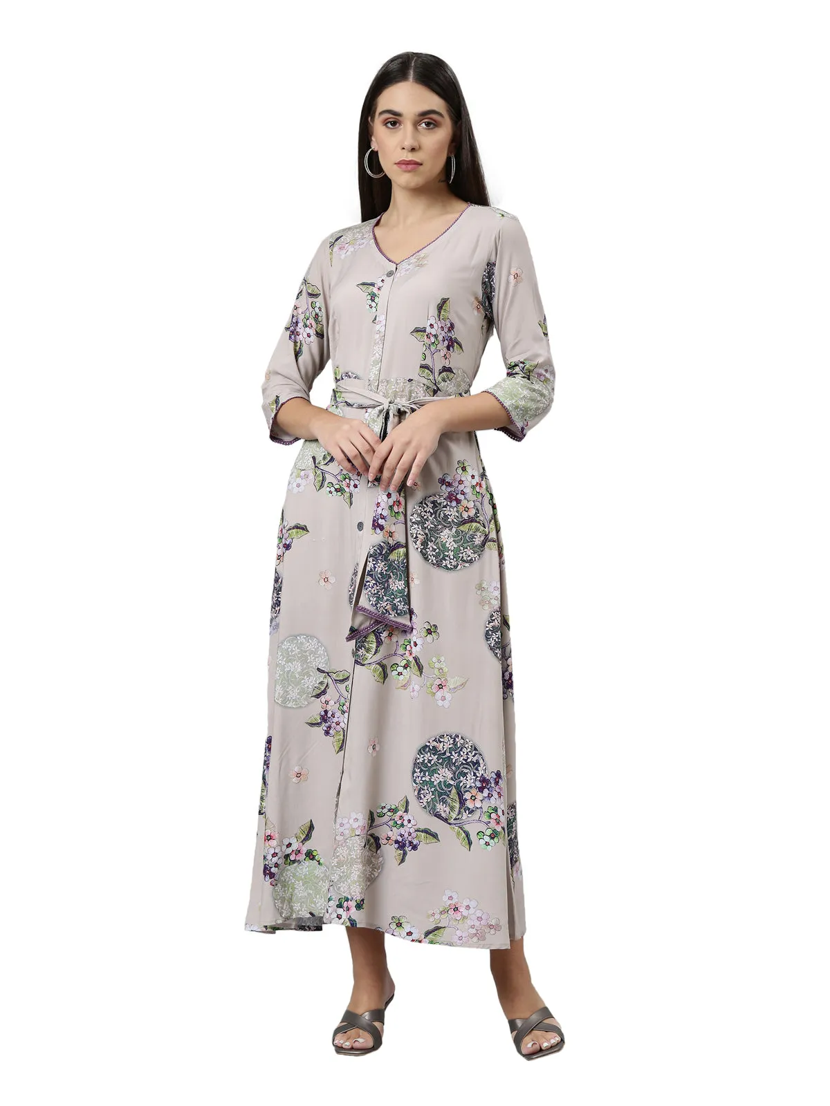 Neerus Women Grey Floral Ethnic Maxi Dress