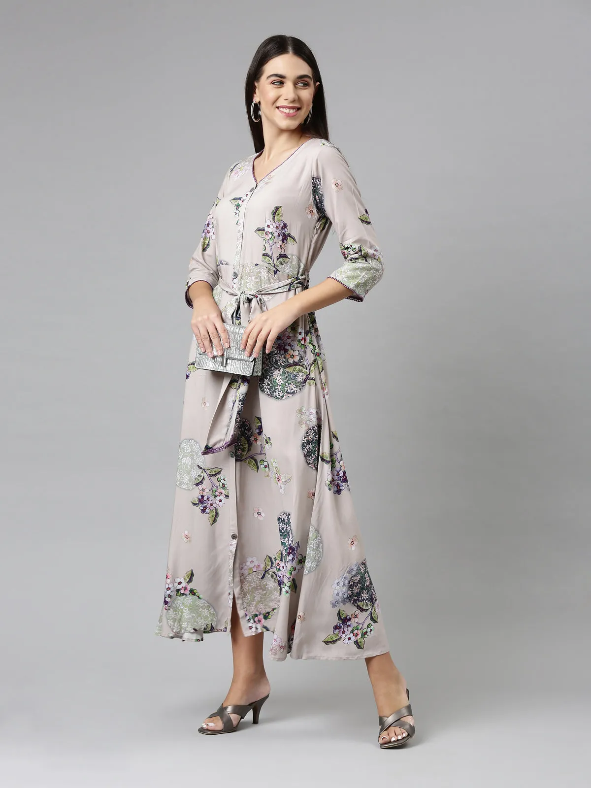 Neerus Women Grey Floral Ethnic Maxi Dress