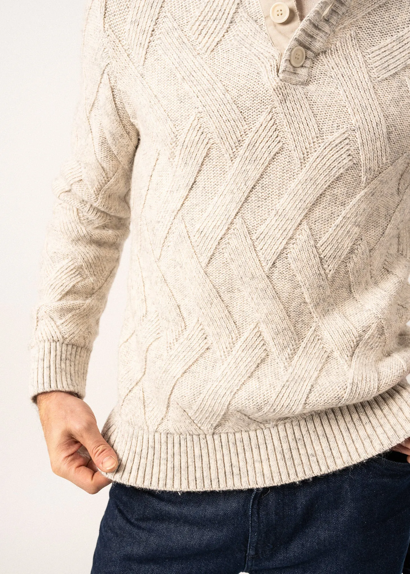 Neuchatel Structured Knit Jumper - with buttoned high neck (GRIS CLAIR CHINE)